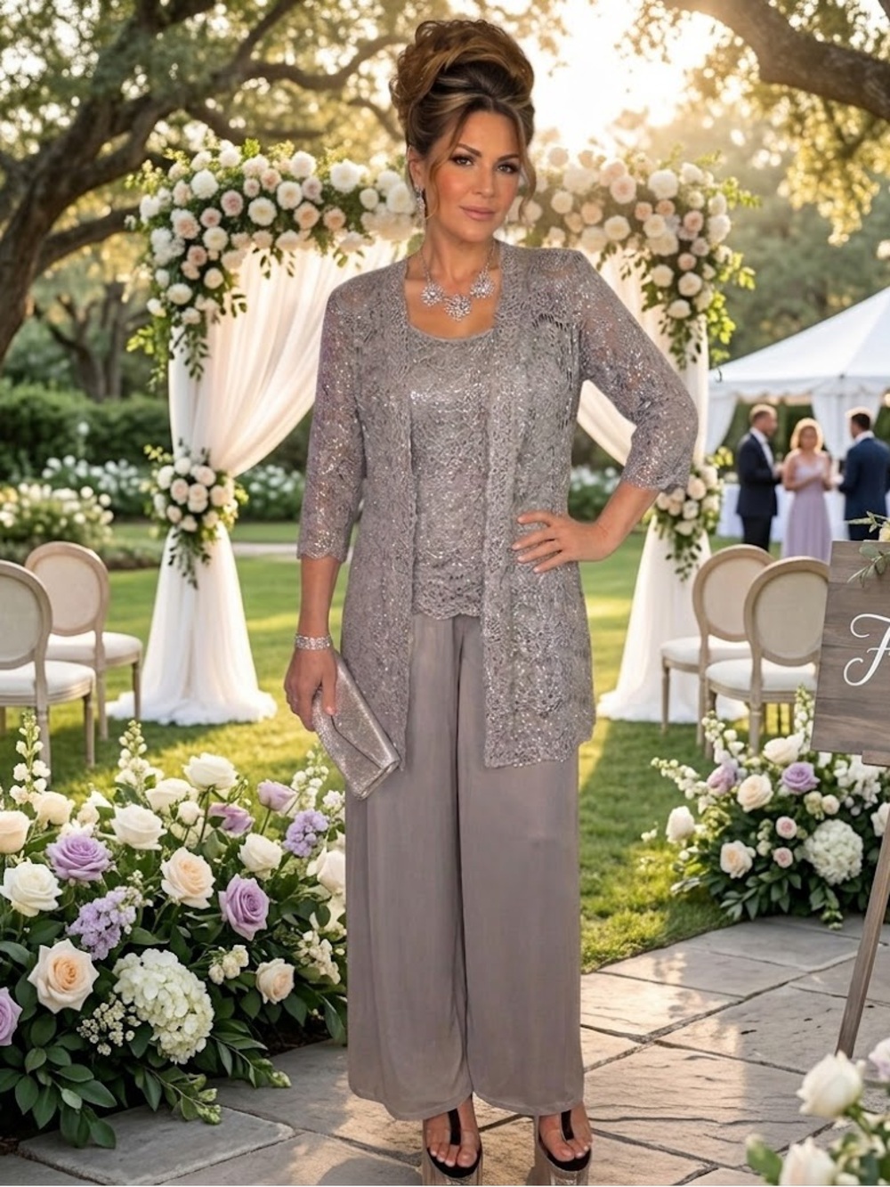 R & M Richards Silver Gray Embellished Pantsuit NWT
